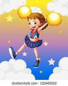 Illustration of an energetic cheerleader with yellow pompoms