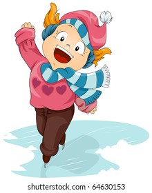 Illustration of an Energetic Girl Skating on Ice