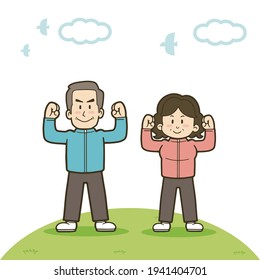 Illustration of an energetic middle-aged couple exercising. Vector illustration on white background.