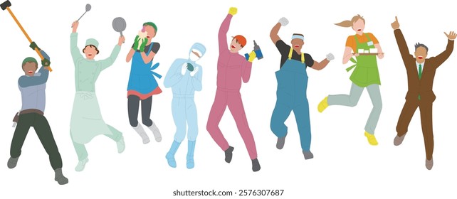 Illustration of energetic, powerful, full-body men and women of various professions