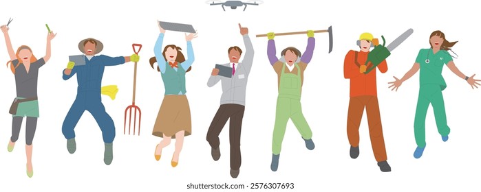 Illustration of energetic, powerful, full-body men and women of various professions