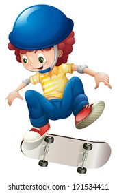 Illustration of an energetic young boy skateboarding on a white background