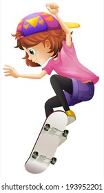 Illustration of an energetic young lady skating on a white background