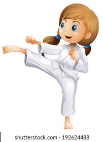 Illustration of an energetic young woman doing karate on a white background