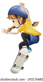 Illustration of an energetic young woman skating on a white background