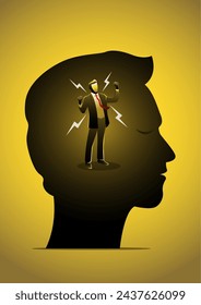 An illustration of an energized buisnessman in human head, powerful mind concept