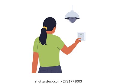 Illustration of Energy Saving Concept with Human Hand Turning Off Light Switch. Illustration showing a hand reaching for a light switch to turn off the lights, symbolizing energy conservation