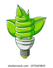 Illustration of energy saving light bulb with leaves. Ecology icon and green energy image for environment protection.