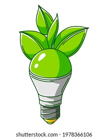Illustration of energy saving light bulb with leaves. Ecology icon and green energy image for environment protection.