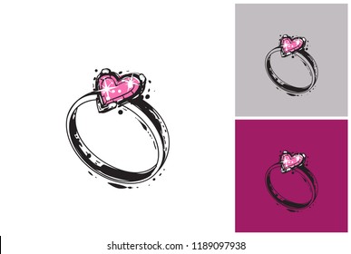 Illustration of engagement ring composition. Luxury fashion style clip-art icon for branding, t-shirt print, promo ads. Isolated vector element on white, gray and amaranth purple colors.
