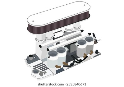 Ilustração de um coletor de admissão do motor. É um sistema complexo que distribui uma mistura de ar e combustível para os cilindros do motor. Ilustração plana de vetor