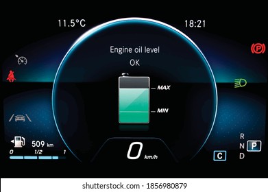 Illustration of engine level oil display on modern car dashboard panel. Engine oil monitor on illuminated car instrument panel indicates good level of it. Car cluster with speedometer and fuel gauge.