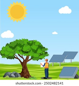 Illustration of Engineer at an alternative energy station with panels, providing green and renewable energy. Worker installing a renewable energy panel system.