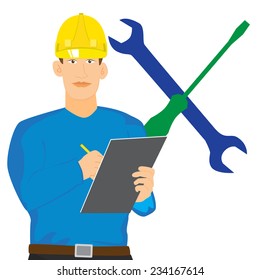 illustration of Engineer checking with clipboard vector isolated.