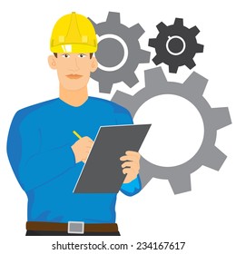 illustration of Engineer checking with clipboard vector isolated.