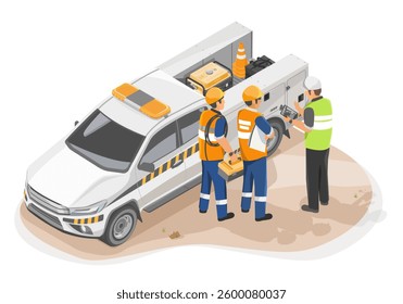 Illustration of an Engineer Explaining Structural Details to Maintenance Workers at an Industrial Worksite with a Fully Equipped Service Truck