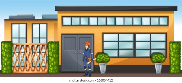 Illustration of an engineer in front of a new building