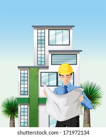  Illustration of an engineer outside the tall building