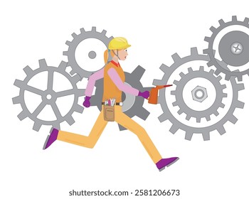 Illustration of an engineer running around because he is busy with work.