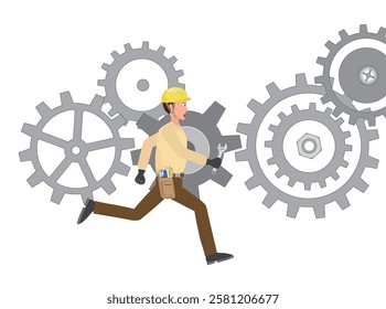 Illustration of an engineer running around because he is busy with work.