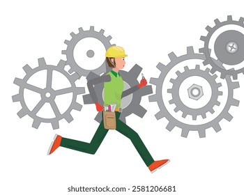 Illustration of an engineer running around because he is busy with work.