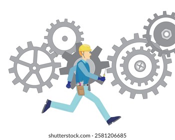 Illustration of an engineer running around because he is busy with work.