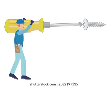 Illustration of an engineer tightening a screw with a screwdriver.