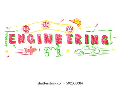 Illustration of ENGINEERING word in STEM - science, technology, engineering, mathematics education concept typography design in kid hand drawn style