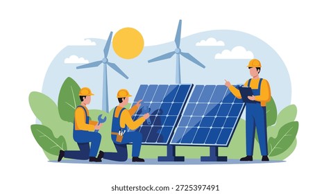 Illustration von Ingenieuren, die Solarzellen installieren und warten. Ein Konzept der erneuerbaren, alternativen und nachhaltigen Energie mit Windturbinen im Hintergrund.