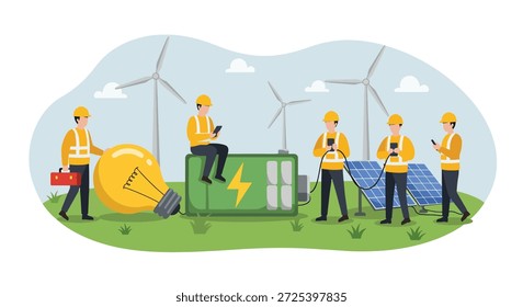 Ilustração de engenheiros mantendo painéis solares, turbinas eólicas e uma grande bateria para armazenamento de energia verde.