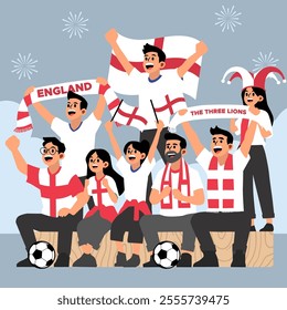 Illustration of England Football Fans Cheering with Flags