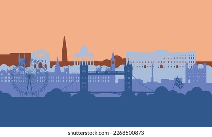 Illustration of england london city silhouette with various buildings, monuments, tourist attractions