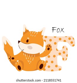 Illustration for the English alphabet with the image of a fox, for teaching young children with beautiful typography. ABC - letter f