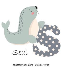 Illustration for the English alphabet with the image of a fur seal, for teaching young children with beautiful typography. ABC - letter s