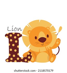 Illustration for the English alphabet with the image of a lion, for teaching young children with beautiful typography. ABC - letter l