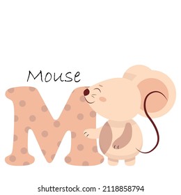 Illustration for the English alphabet with the image of a mouse, for teaching young children with beautiful typography. ABC - letter m