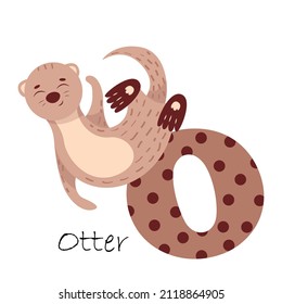 Illustration for the English alphabet with the image of an otter, for teaching young children with beautiful typography. ABC - letter o