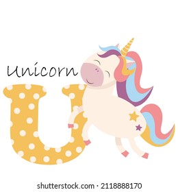 Illustration for the English alphabet with the image of a unicorn, for teaching young children with beautiful typography. ABC - letter u