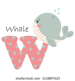 Illustration for the English alphabet with the image of a whale, for teaching young children with beautiful typography. ABC - letter w