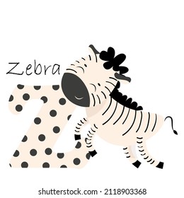 Illustration for the English alphabet with the image of a zebra, for teaching young children with beautiful typography. ABC - Letter z