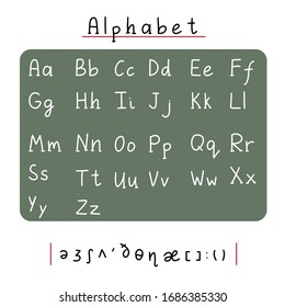 Illustration of the English alphabet for school theme and education with elements for transcription. Set of letters.