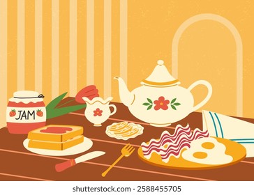 Illustration of english breakfast. Fried egg and bacon, jam and toasts.