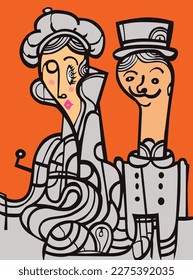 Illustration of english british european midage stylized happy couple man and woman in retro vintage costumes with hats on orange color beautiful wall art decoration