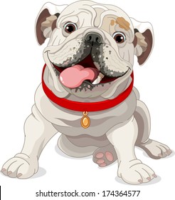 Illustration of English bulldog with red collar