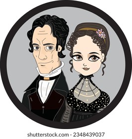 Illustration of English mathematicians Charles Babbage (1791-1871) and Ada King, Countess Lovelace (1815-1852; daughter of Lord Byron), cartoon style