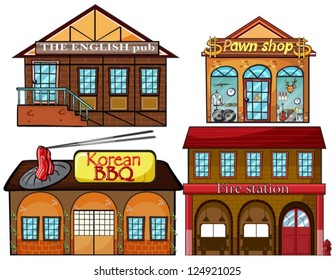 Illustration of an English pub, Korean restaurant, pawnshop, and fire station on a white background