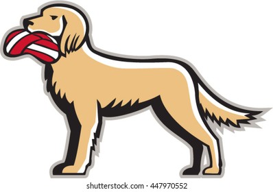 Illustration Of An English Setter Dog Standing Holding Biting Deflated Volleyball Viewed From The Side Set On Isolated White Background Done In Retro Style. 