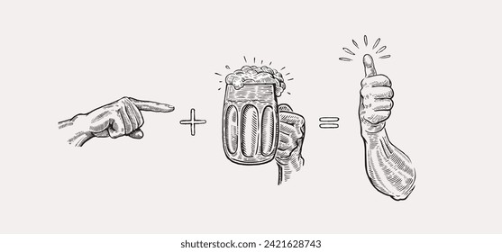 Illustration in engraving style, consisting of three hands and a set of gestures symbolizing a call to drink a drink (beer).