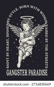 Illustration of engraving style vector of a cherub with a halo, wings, and a rifle. Framed