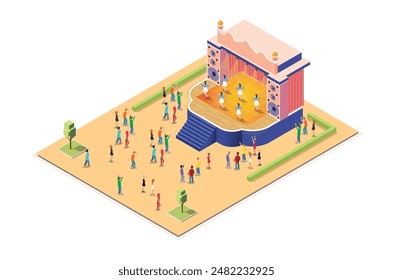 Illustration enjoy the dance performance Concept 3d Isometric View Concert Party Elements Landscape Background and Stage. Vector illustration of Musical Event